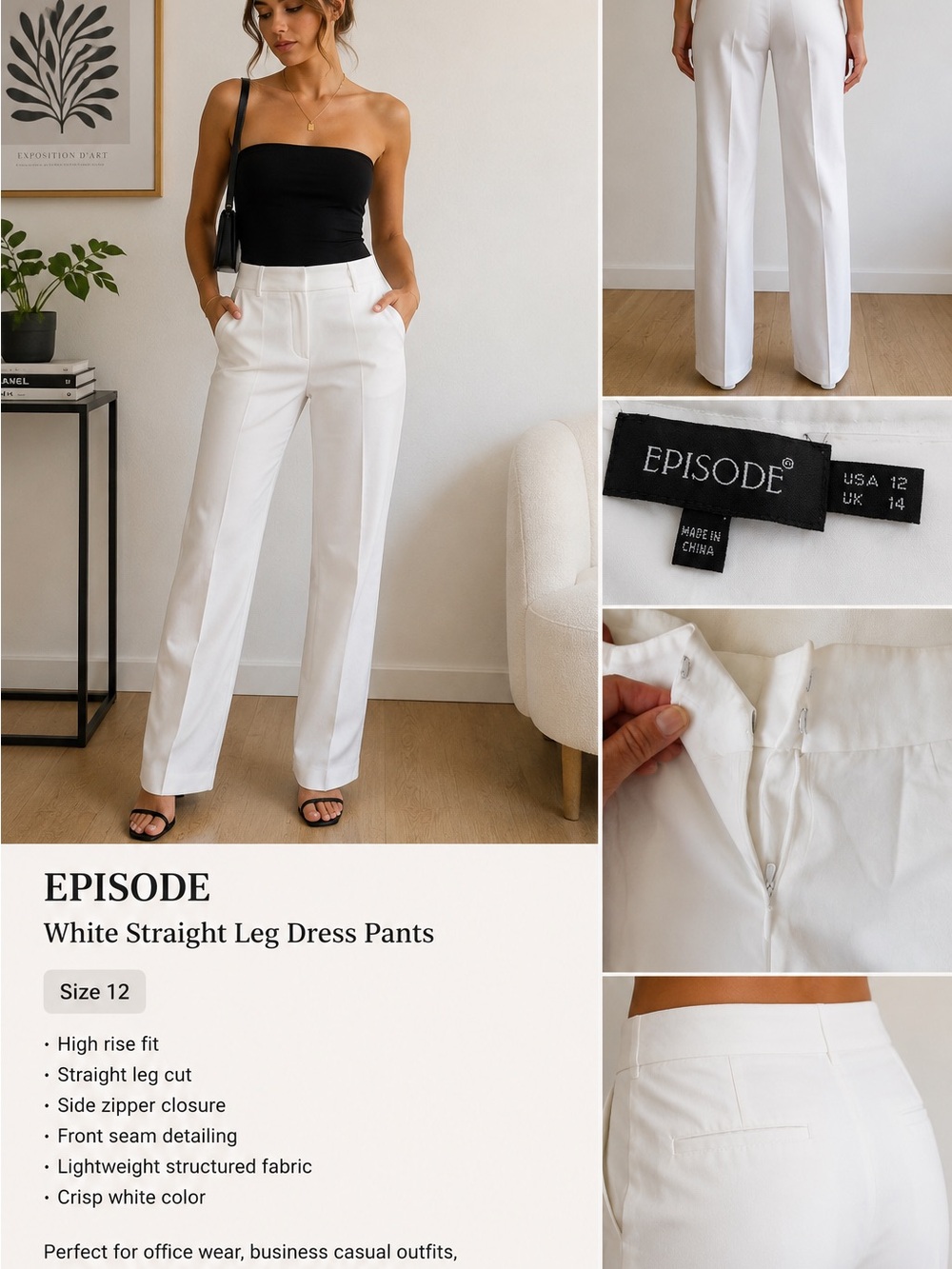 Episode White Straight Leg Dress Pants Women’s Size 12 Minimalist Trousers